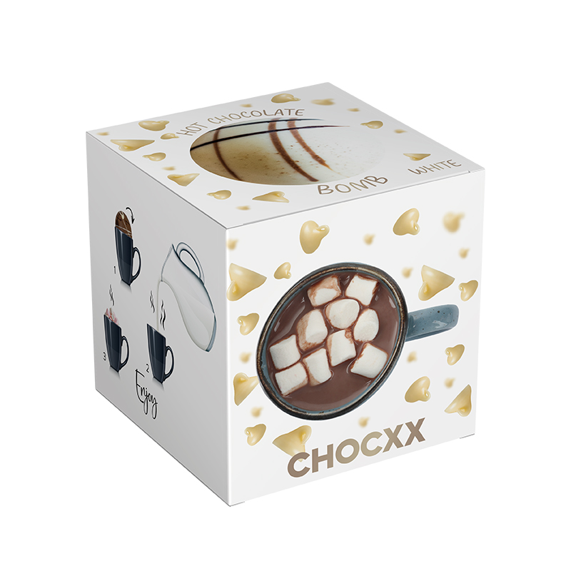 Magic Choco Bomb waarmee je een heerlijk warm en romige chocolademelk maakt in witte chocolade smaak.