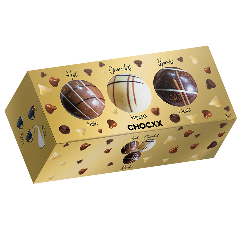 Feestelijke cadeau: Choco Bombs voor drie varianten warme, romige chocolademelk.