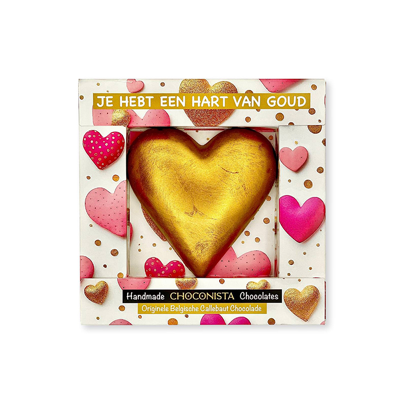 Premium chocoladecadeau in feestelijke verpakking van CHOCONISTA: Je hebt een hart van goud. Dit Instagrammable kunstwerkje valt direct op in jouw winkel
