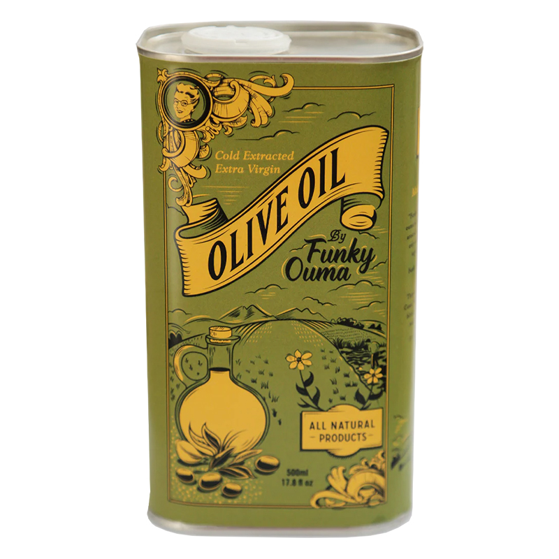Funky Ouma extra virgin olive oil: fruity, herby, fresh and slightly bitter. Cold-pressed and 100% natural. Perfect for salads, bread, and veggies.