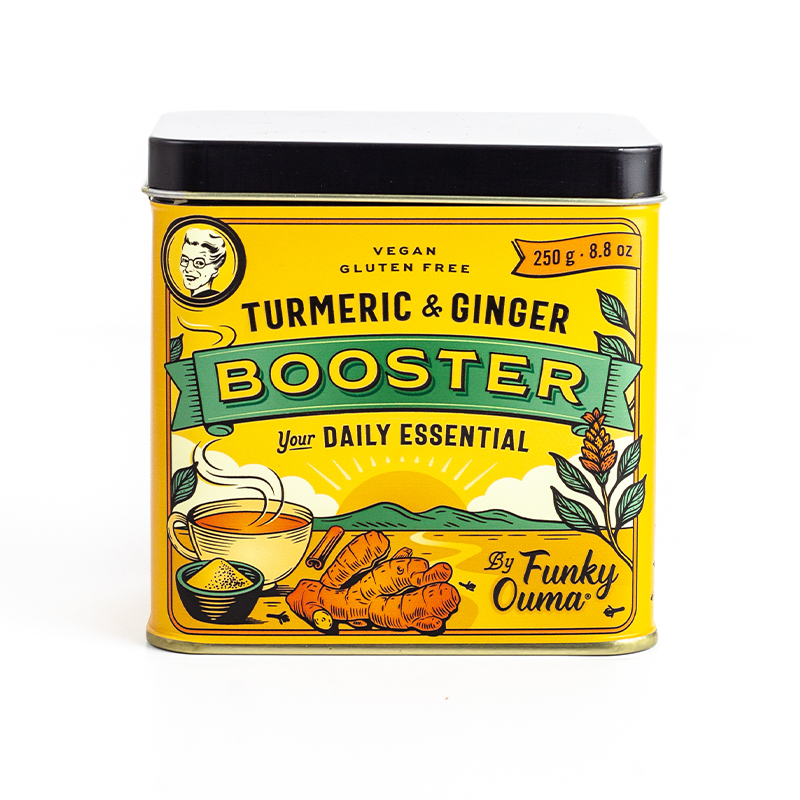 Funky Ouma’s Turmeric Booster: rich in turmeric, ginger and spices. Perfect for curries, rice, veggies, or mash. Pure, natural flavour.
